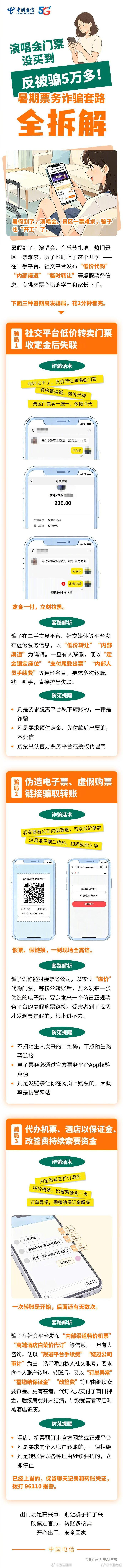 演唱会门票没买到，反被骗5万多！暑期票务诈骗套路全拆解～via：中国电信 #遭遇诈骗果断报警##蜀黍说安全# #安全知识学起来# ​