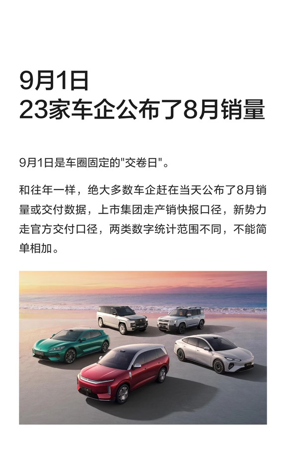 9月1日，23家车企公布了8月销量