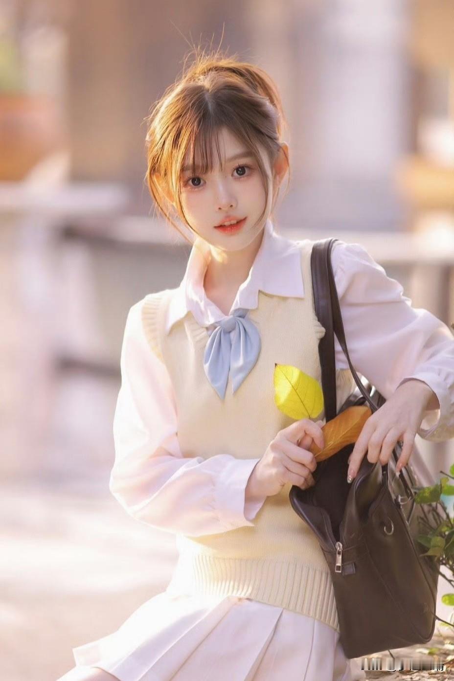 阳光下的甜美少女，背着小包，手拿秋叶，清新自然。
