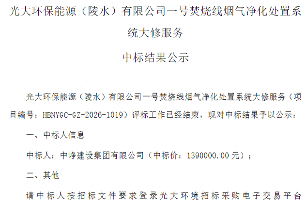 #海南[超话]# 请加强监管！
光采招标（深圳）有限公司代理，光大环保能源（陵水）有限公司一号焚烧线烟气净化处置系统大修服务，2026-10-09公告，金额139万元，中标人：中峥建设集团有限公司。
登录“信用中国”官网查询，人民法院2026-09-17发布公告，案号（2026）湘0112执2310号，中峥建设 ​