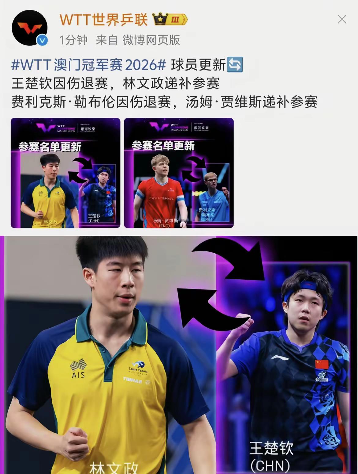 今年王楚钦第四次因伤退赛，带着伤赢下了所有该赢的比赛。