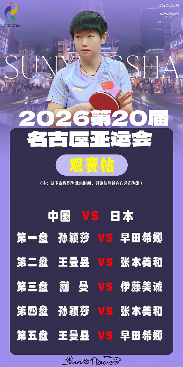 #名古屋亚运会
【2026年第20届爱知·名古屋亚运会】
乒乓球女子团体淘汰赛 决赛
中国队🇨🇳（主场）VS日本🇯🇵（客场）
#孙颖莎 决赛对战日本，孙颖莎担任一单，一切顺利，健康好运，一切发生皆有利于孙颖莎！🪷🪷🪷
#孙颖莎健康涨球 #孙颖莎健康完赛 #孙颖莎好运连连