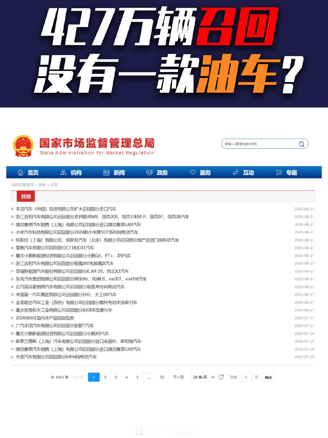 #427万辆召回 没有一款油车# 这话题一出就知道这是找到流量密码了[doge]
这是同一设计问题的集中批次召回，跟电车油车谁质量好没关系。坑出在隐藏式电控门把手，极端断电下应急拉手不好找，影响逃生。

油车基本不搞这套设计，所以不用担心这事。我觉得召回从来不是坏事，整改总比藏着强。 ​