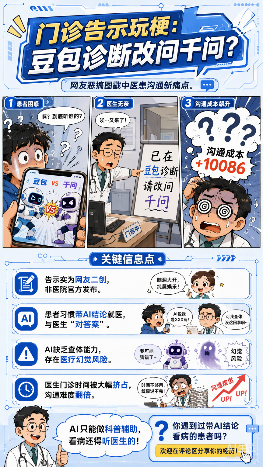 看到那张“豆包诊断改问千问”的告示图，忍不住笑出声。虽然这只是网友的玩梗二创，但它戳中的痛点太真实了。

现在的门诊里，越来越多患者拿着手机里的AI诊断结果来“对答案”。医生说一句，患者回一句“可是AI说……”，原本几分钟能搞定的问诊，硬是变成了半小时的辩论赛。

这种变化背后，其实是我 ​