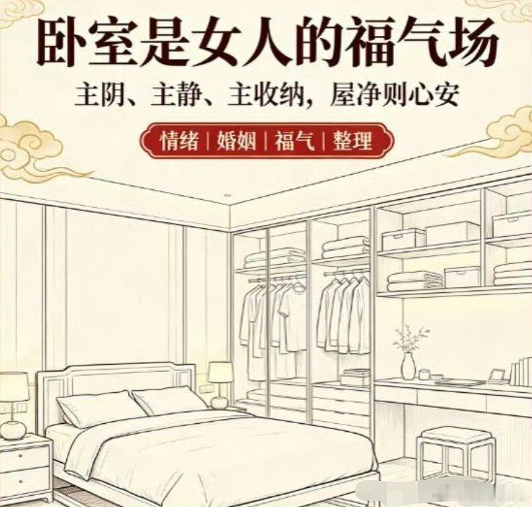 【居家民俗｜卧室是女人的福气场】传统理念讲，女子主阴、主静、主收纳。卧室，便是女人的福气场、情绪场，更是婚姻和合之地。若是衣物随意堆放、桌面杂物堆积、床下塞满旧物，这样的卧室最耗自身福气。久居于此，人容易心绪烦躁，睡眠不稳，气色暗沉，心态日渐低落。夫妻之间沟通变少，争执增多，感情慢慢变淡。家越杂乱，心就越浮躁；心越浮躁，运势自然受阻。最简单的改运之法，不必求神拜佛，先从整理卧室做起。清空床底杂物，衣物收纳归位，保持房间通透洁净、光线明亮。屋子清爽了，人心自然安宁。民俗闲谈，仅供娱乐参考。整洁的居室利于身心舒畅，家和才是最好的福运🙏
