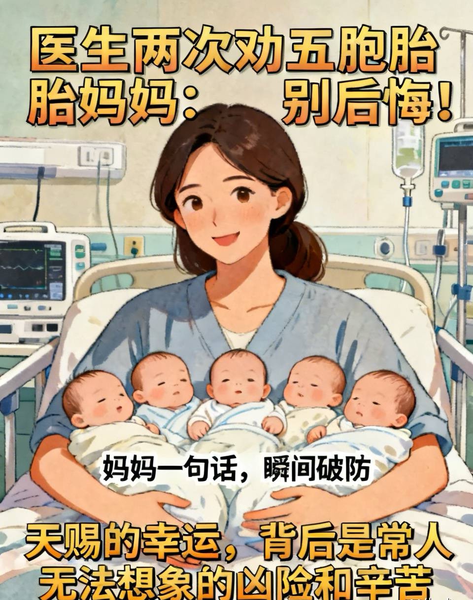 医生两次劝五胞胎妈妈：别后悔！妈妈一句话，瞬间破防😭

最近全网刷屏的新疆五胞胎妈妈，真的看哭了无数人。

很多人只看到六千万分之一的奇迹、一次性拥有1男4女五个可爱宝宝的福气。

却没人知道：
这份“天赐的幸运”，背后藏着常人无法想象的凶险和辛苦。

所以接生的产科医生，从头到尾、认认真真劝了妈妈