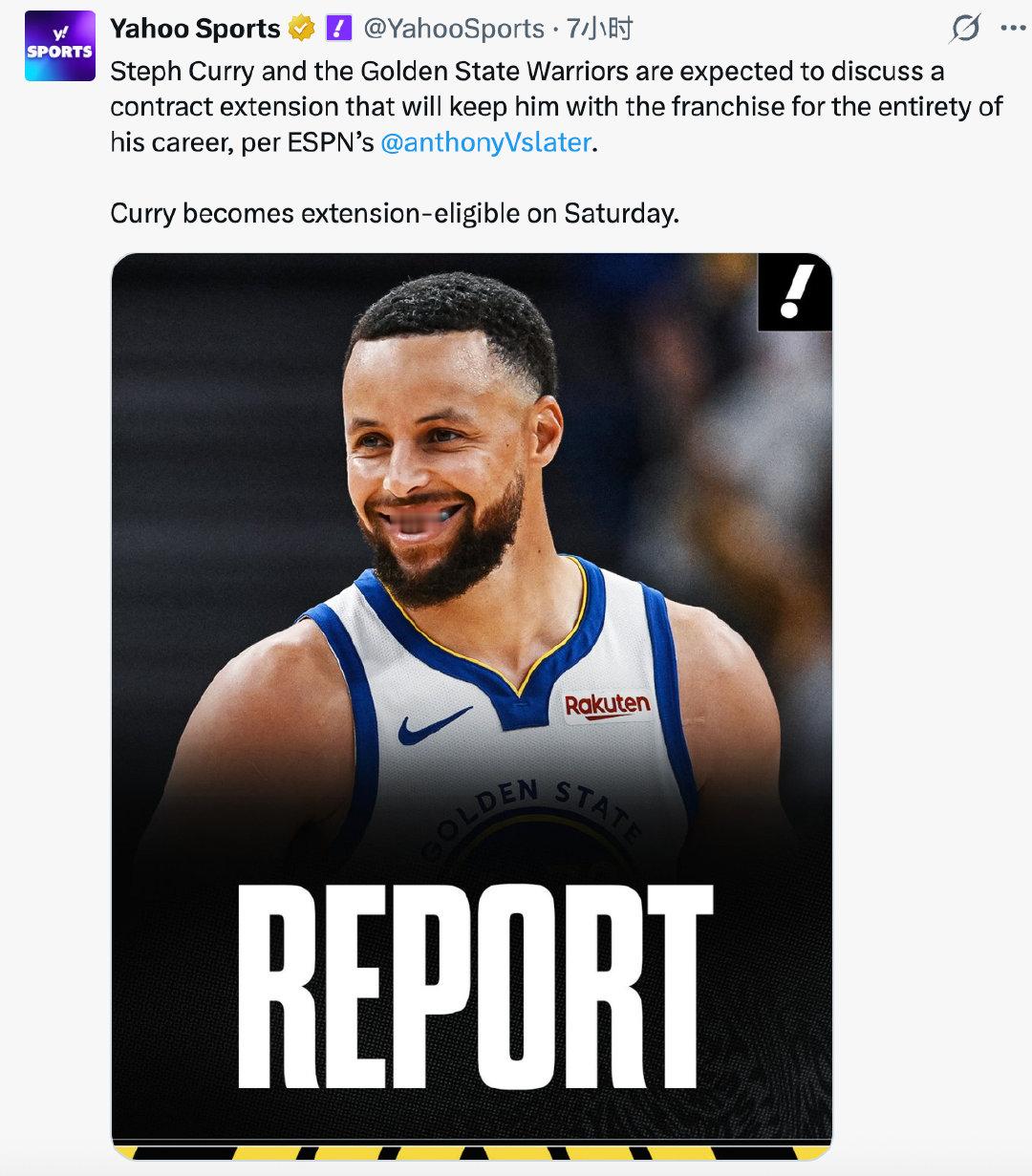 据 ESPN 记者 Anthony Slater 报道，斯蒂芬·库里预计将与金州勇士商讨续约，新合同有望让他整个职业生涯都留在勇士，实现“一人一城”。 ​
