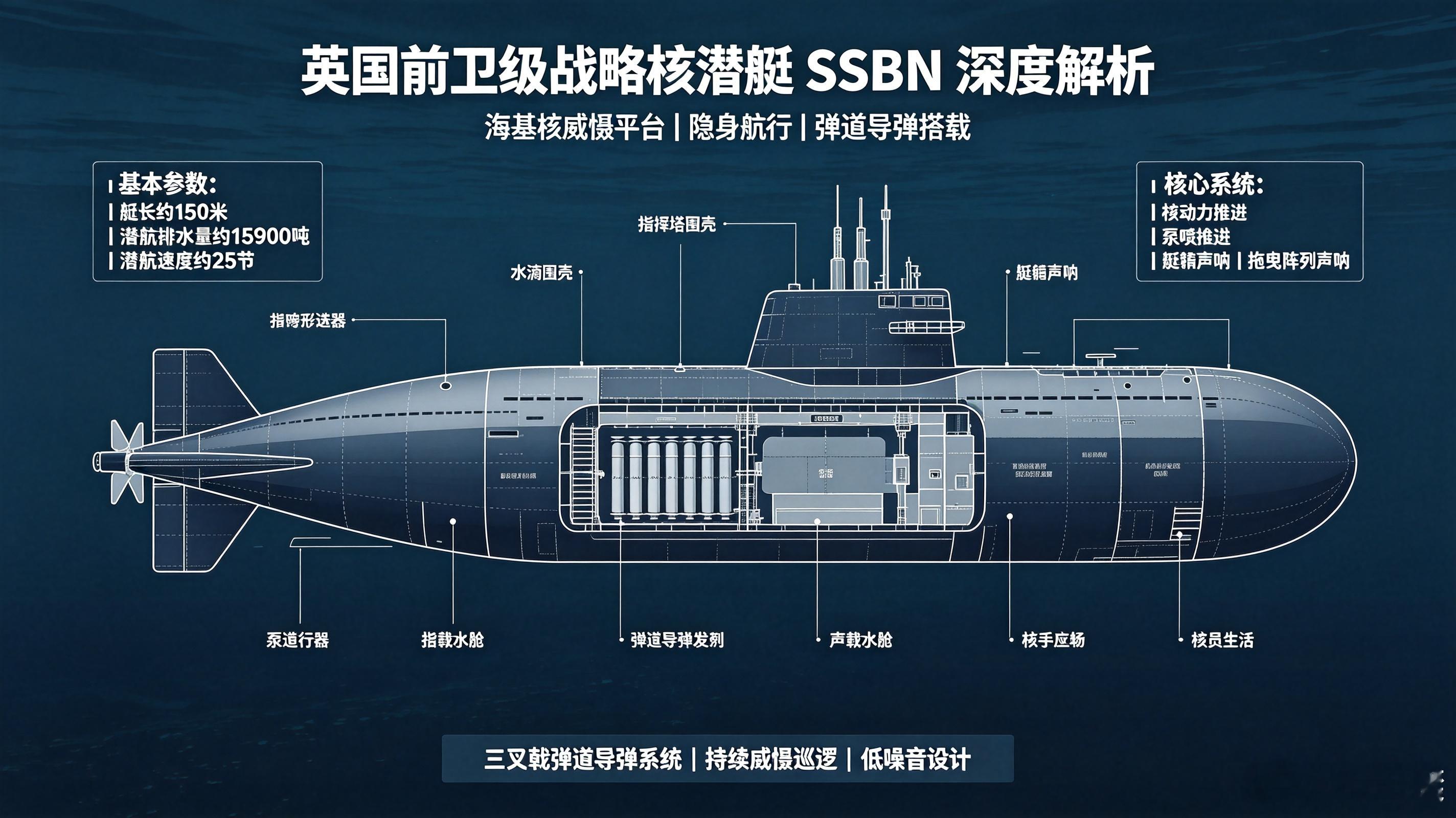 #军事ai新视野# 英国 前卫级 Vanguard-class 战略核潜艇（SSBN）#ai热力追踪# 
 
一、基础概况
 
定位：英国皇家海军第二代、现役唯一弹道导弹核潜艇，英国全部海基核威慑平台，执行持续海上威慑 CASD（任何时刻至少1艘水下战备巡逻，保障二次核反击）
建造/服役：BAE巴罗造船厂建造，4艘全部1993–199 ​