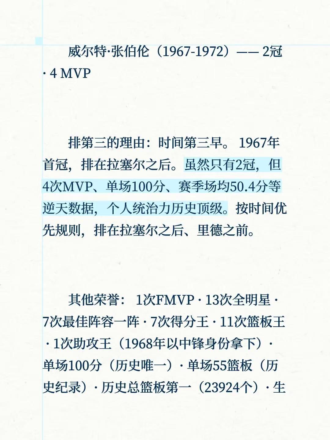 NBA历史级别超级巨星排名——第三位。威尔特·张伯伦（1967-1972）—— 2冠 · 4 MVP排第三的理由：时间第三早。 1967年首冠，排在拉塞尔之后。虽然只有2冠，但4次MVP、单场100分、赛季场均50.4分等逆天数据，个人统治力历史顶级。按时间优先规则，排在拉塞尔之后、里德之前。其他荣