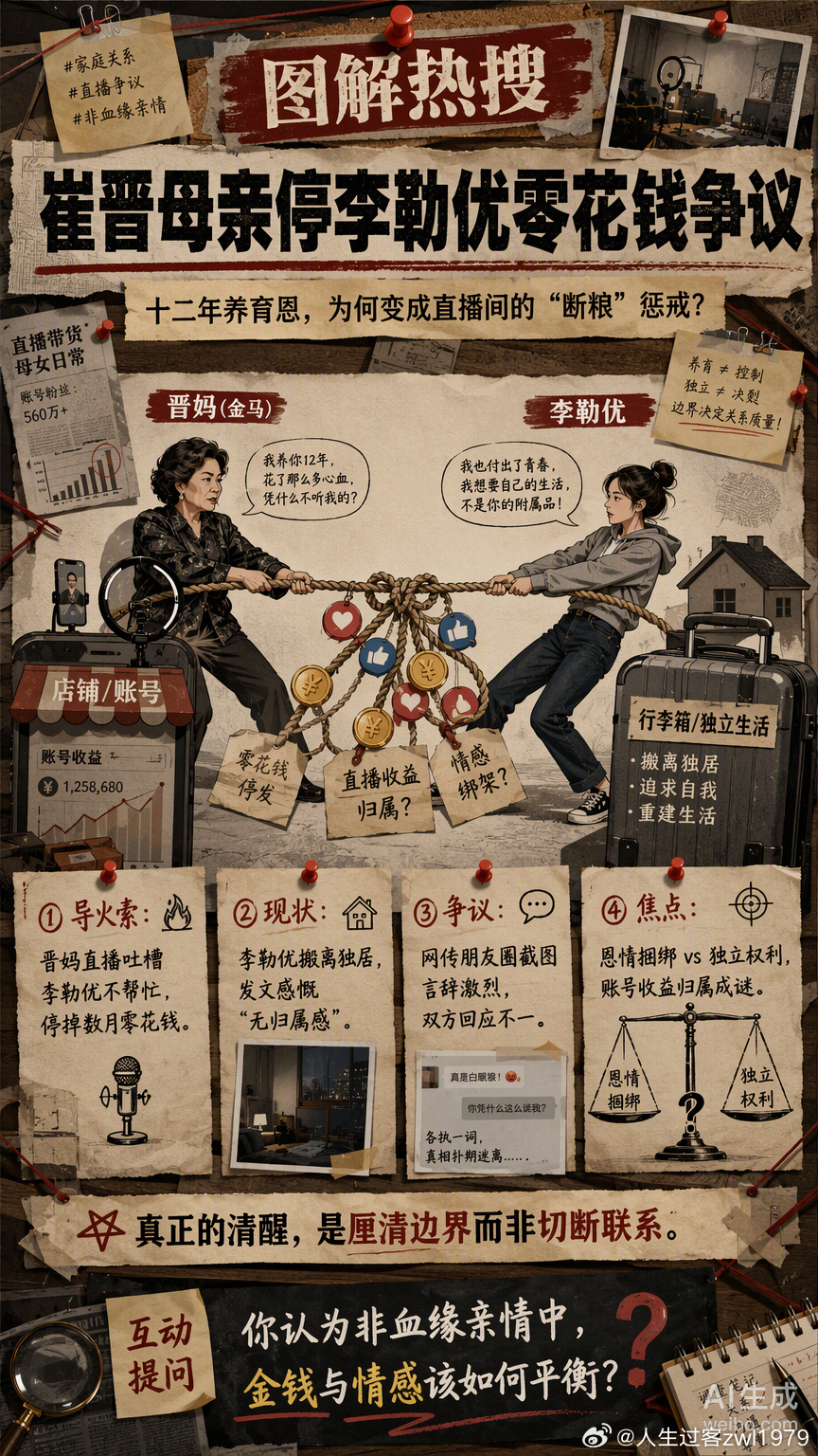#崔晋母亲停李勒优零花钱争议##情感热点创作激励计划# 
曾经被全网称赞的《变形计》暖心故事，因晋妈直播提及暂停李勒优零花钱，瞬间掀起巨大争议。很多人感慨，那段跨越山海的温情，被流量裹挟之后，慢慢变了味道。但这件事，不该简单贴上“忘本”或者“苛待”的标签，核心是要分清恩情、亲情与商业利 ​
