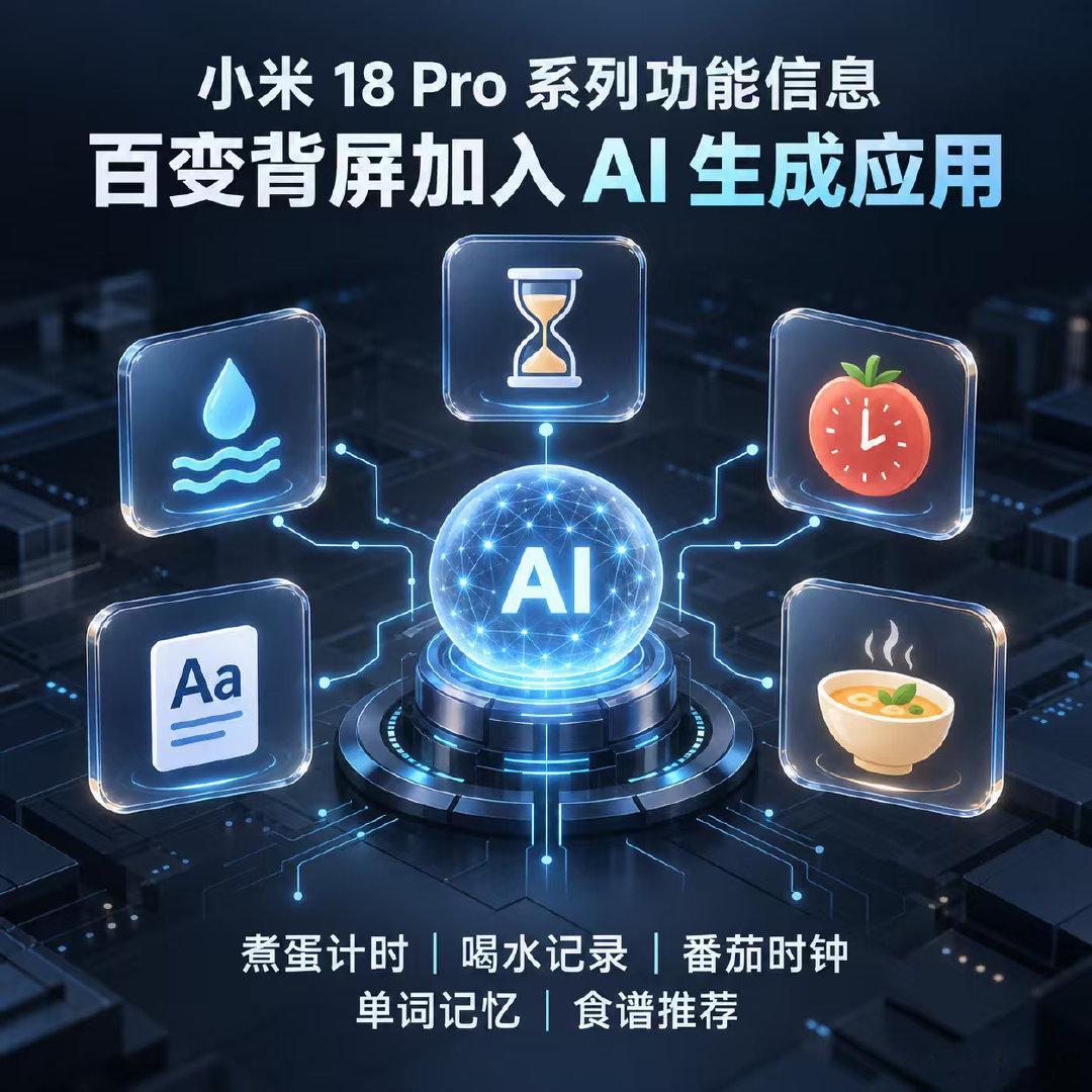 【数码快讯】据小米9月16日公布的信息，小米18 Pro系列将加入“百变背屏”功能，支持通过AI生成背屏应用。预热视频展示的功能包括煮蛋计时、喝水记录、番茄时钟、英语单词记忆和食谱推荐。该系列计划于本月发布。#小米18Pro系列##百变背屏##AI生成应用##背屏功能##手机系统新功能# ​
