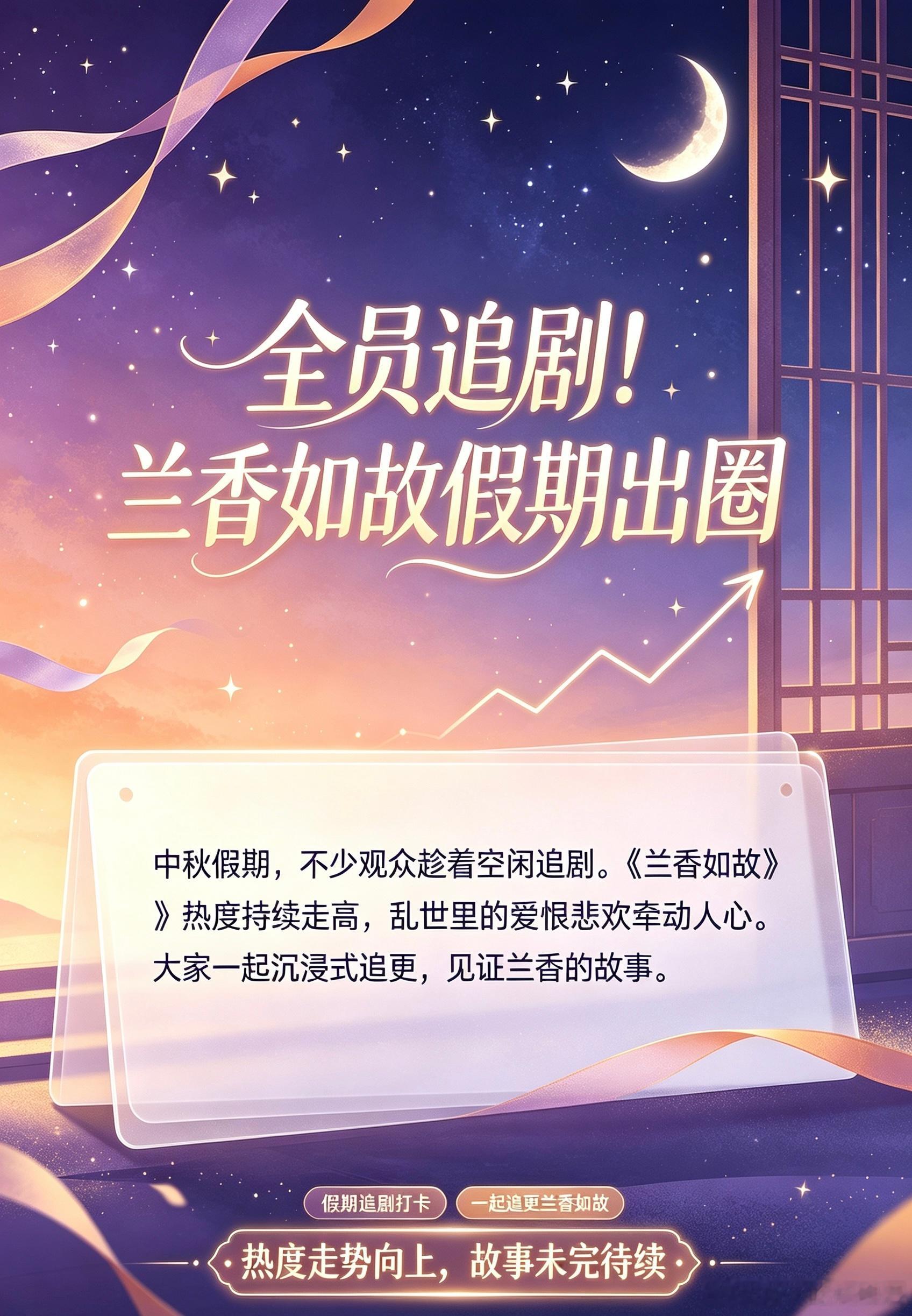 #兰香如故假日走势#电视剧《兰香如故》在假期期间热度持续上涨，剧集的假日播放走势也成为大家讨论的热点，不少观众趁着假期追剧，剧集的各项数据也跟着一路走高。

    中秋假期空余时间变多，很多观众都会选择追剧来打发休闲时光，《兰香如故》正好借着这个机会收获了大量的关注度。这部剧本身故事背 ​