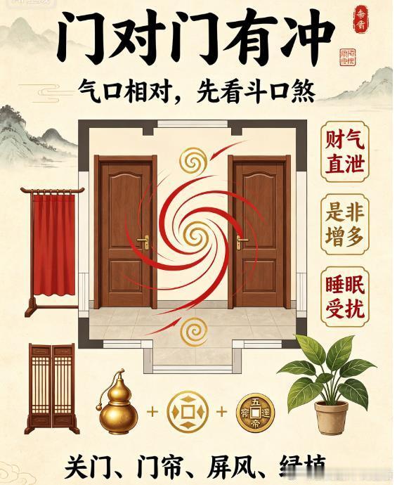 玄灵道人提醒：住宅门对门，斗口煞，家宅气场直冲损耗
阳宅有云：门为气口，两门相对，必有对冲。
门是房子纳气吐气的通道，讲究气流回旋藏聚，忌讳直线直冲。两门中心点正对、间距近、中间无遮挡，便形成门冲斗口煞。
不是稍微错开一点缝隙就算，完全直线相对才需要重点留意。商品房户型紧凑，很多家 ​