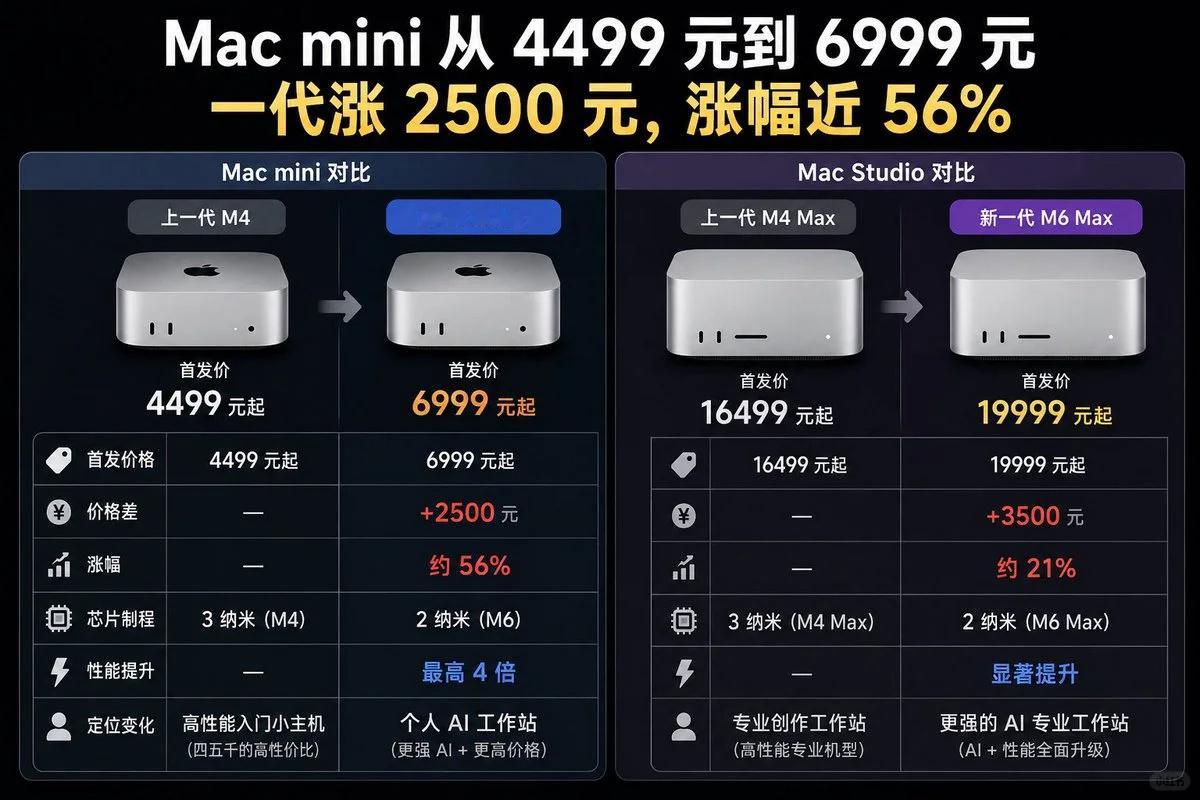 #苹果新款Mac涨价#2024年M4版的Mac mini首发只要4499，现在入门款直接涨2500，涨价幅度超过了50%。

也就两年时间，Mac mini从4500的性价比神机，变成了七千起步的高端货，你说芯片升级了，CPU性能提升40%，AI性能提升4倍，但价格涨得也太离谱了。

至于值不值？我觉得得看用途径，搞AI开发、视频剪辑 ​