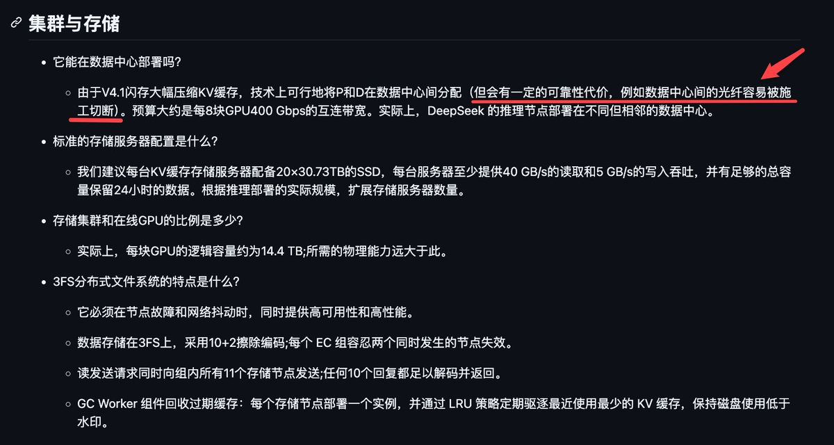 DeepSeek官方在 V4.1 Flash 部署文档里特意提醒：跨数据中心部署可能会遇到光纤被施工挖断的情况。 ​