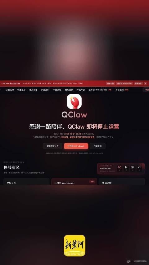 《【#腾讯龙虾宣布停运#：用户可迁移至WorkBuddy】 9月24日，新黄河大鱼财经记者注意到，腾讯QClaw团队在官网发布公告称，因业务发展调整，QClaw将于2026年12月24日00:00正式停止运营。即日起停止新用户注册和订阅服务购买、续费，用户可申请退款，也可将》 ​