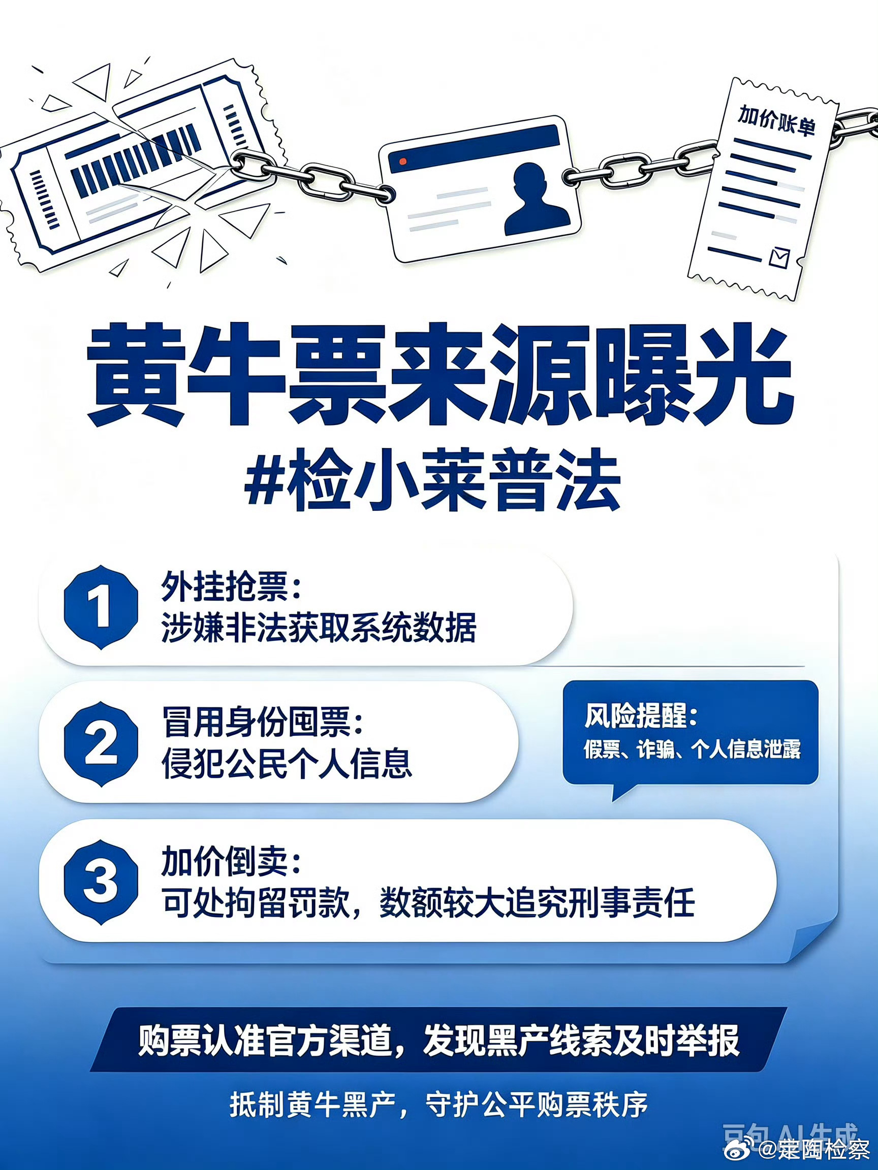 #定检提醒##黄牛票来源曝光#票务黑产链条被揭开，外挂批量抢票、冒用个人信息囤票、内部票外流加价倒卖等手段引发广泛关注。 检察官普法提醒，黄牛产业链每一环都暗藏法律风险。

利用外挂软件批量抢占门票，涉嫌非法获取计算机信息系统数据罪；冒用他人身份信息注册账号抢票倒卖，侵犯公民个人信息。 ​