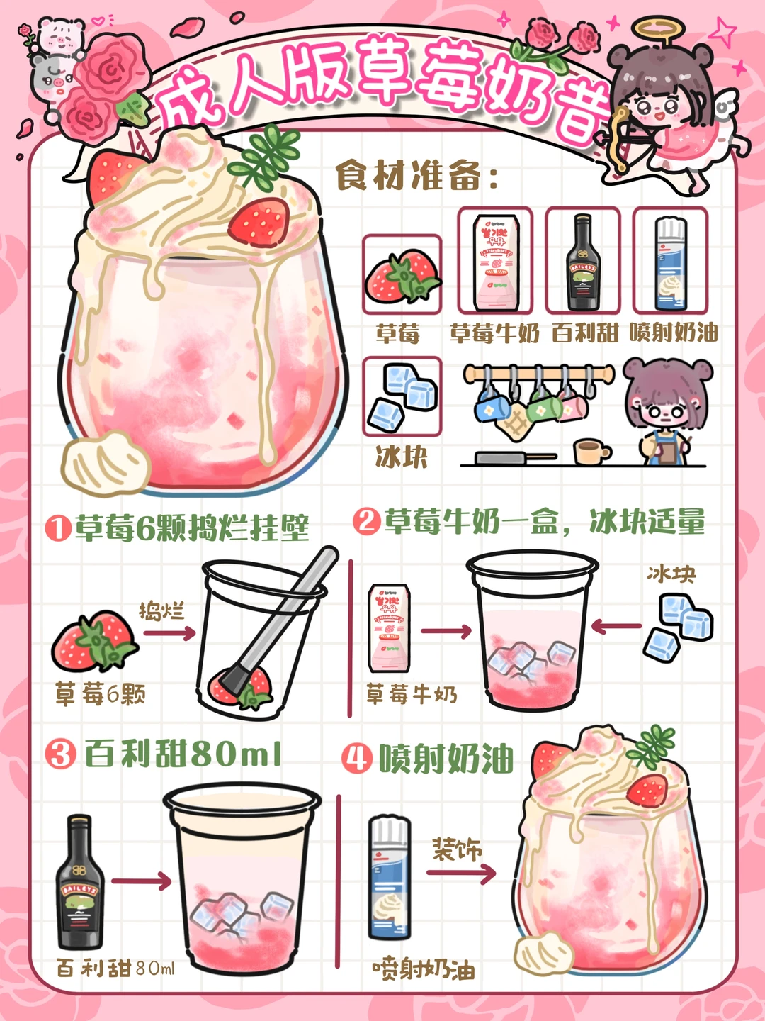手绘食谱🍓｜香甜草莓奶昔🍧享香甜微醺🥴