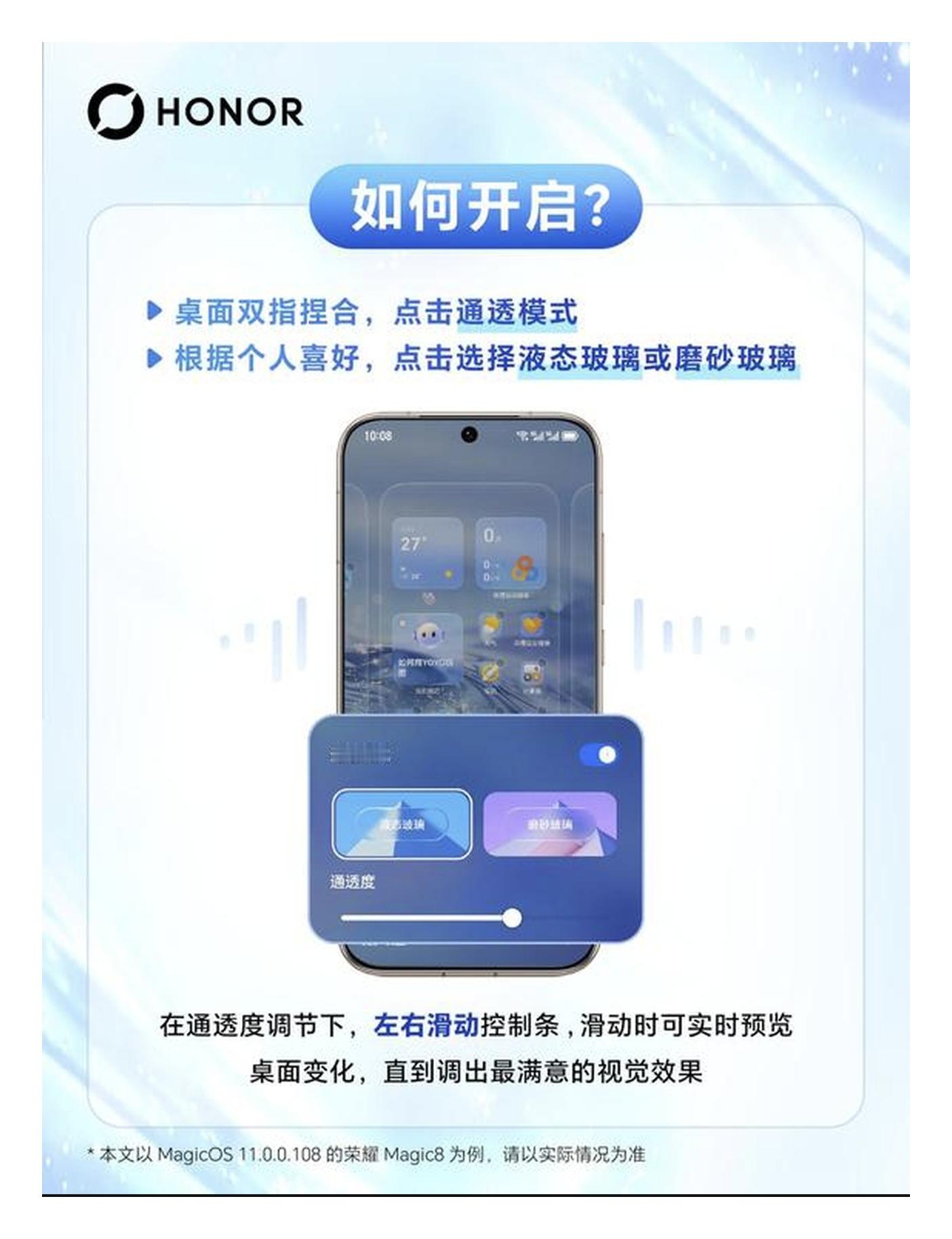 荣耀MagicOS 11的液态玻璃，真的把安卓桌面美学拉到了一个全新高度
以前iOS的液态玻璃好看是好看，但通透过头经常连字都看不清，荣耀这次直接对症下药，给了液态玻璃和磨砂玻璃两套方案。液态玻璃光影流动感十足，滑动桌面时组件底层的壁纸色彩会跟着轻微偏移，高光折射细节很真实；磨砂玻璃则是另一种气质，