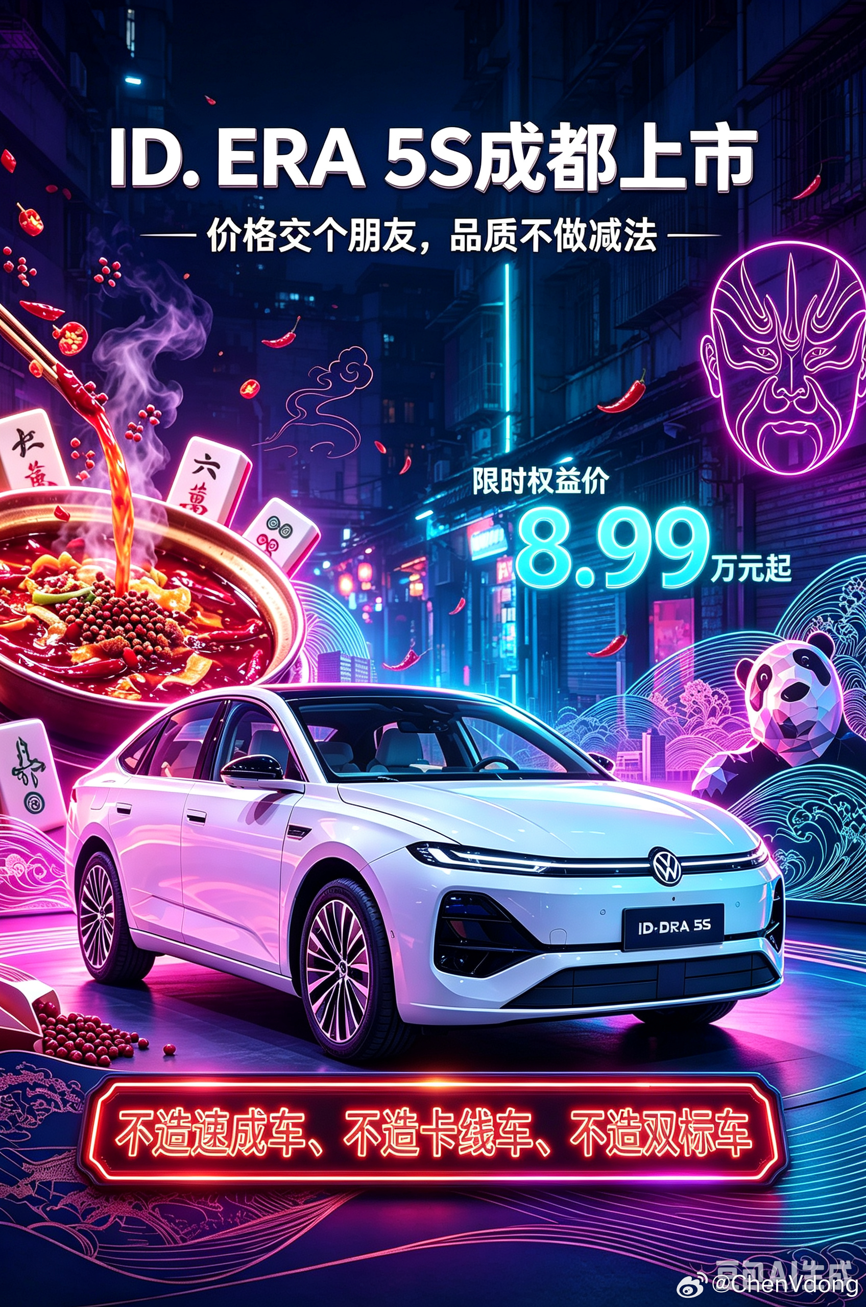 🔥ID.ERA 5S成都车展重磅上市！
德系超混智能家轿，巴适登场👏
限时权益价8.99万起✅
行云智行、黄金标准、黄金超混三大技术加持
油电通吃，新一代家轿模范！
坚守造车本心，不造速成车、不造卡线车、不造双标车
价格交个朋友，品质绝不做减法
#2026成都车展 #上汽大众 #IDERA5S #大众5S #8.99万起 ​