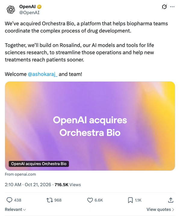 OpenAI 收购了一家管药物研发流程的公司