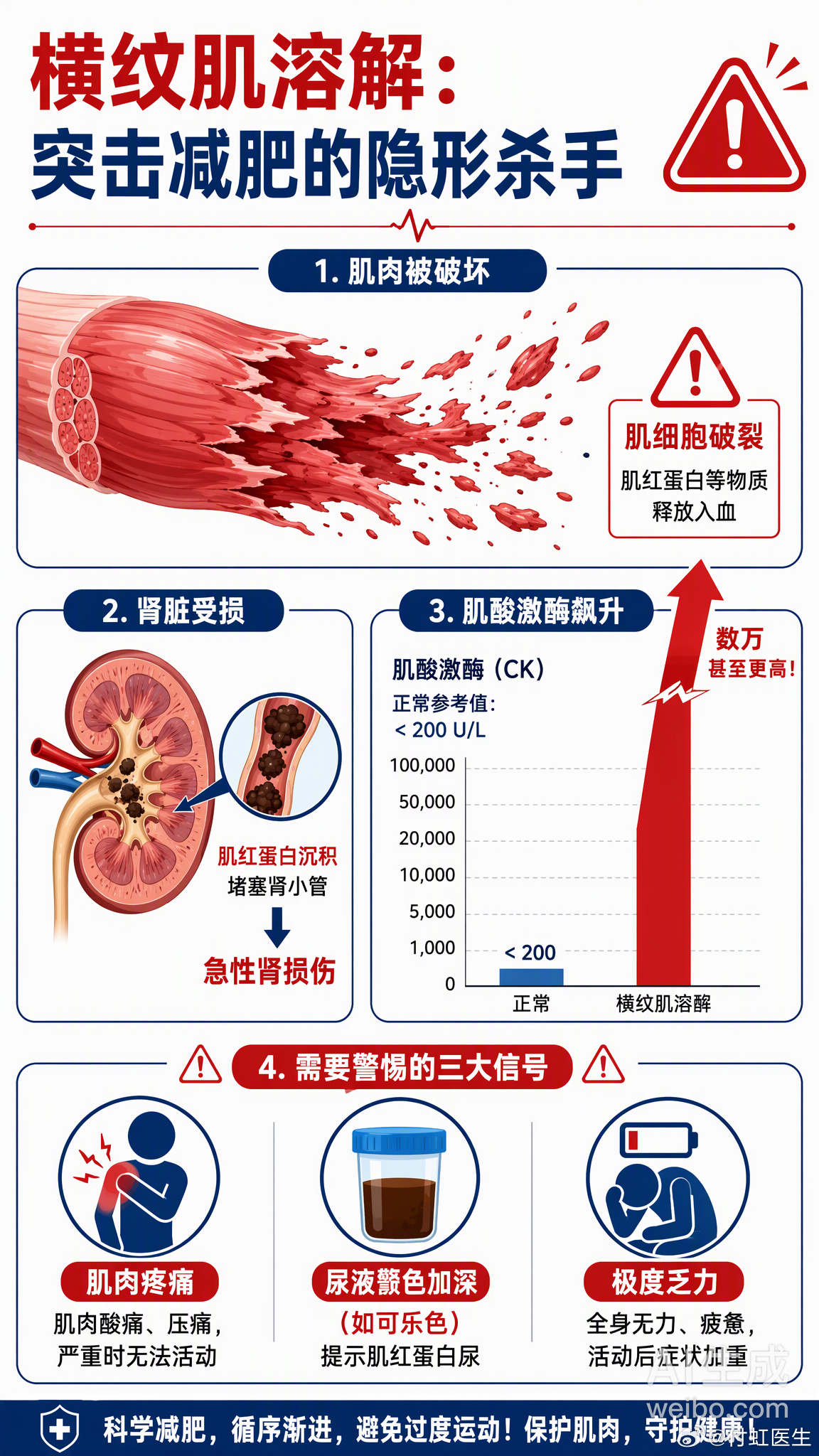 扩散周知！18岁小伙花一万块买私教课，结果练到肌酸激酶爆表、肾脏受损确诊横纹肌溶解。老铁们可千万别拿命去拼速度。#健闻登顶计划##阳光长城慢病防治# 

什么是横纹肌溶解？简单说就是肌肉细胞在短时间内大量破裂，里面的肌红蛋白等物质涌入血液，把肾小管给堵了。20%-30%的患者会因此出现急性肾损伤 ​