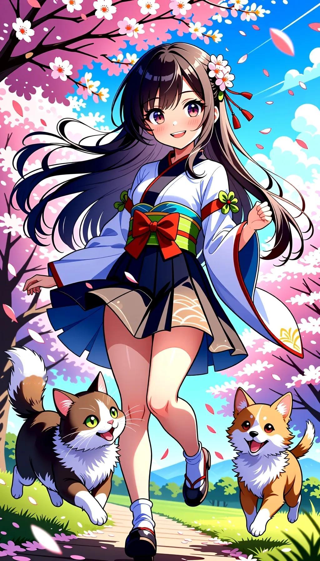 一位美丽的日本动漫风格的少女，拥有长长的乌黑秀发和明亮的大眼睛，身穿可...