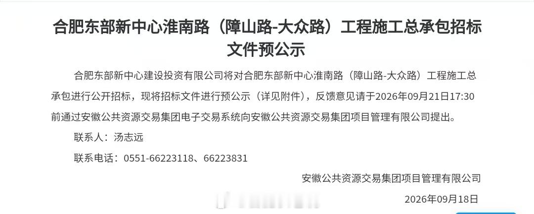 淮南路(障山路-大众路)工程施工总承包招标文件预公示！合肥东部新中心 ​​​