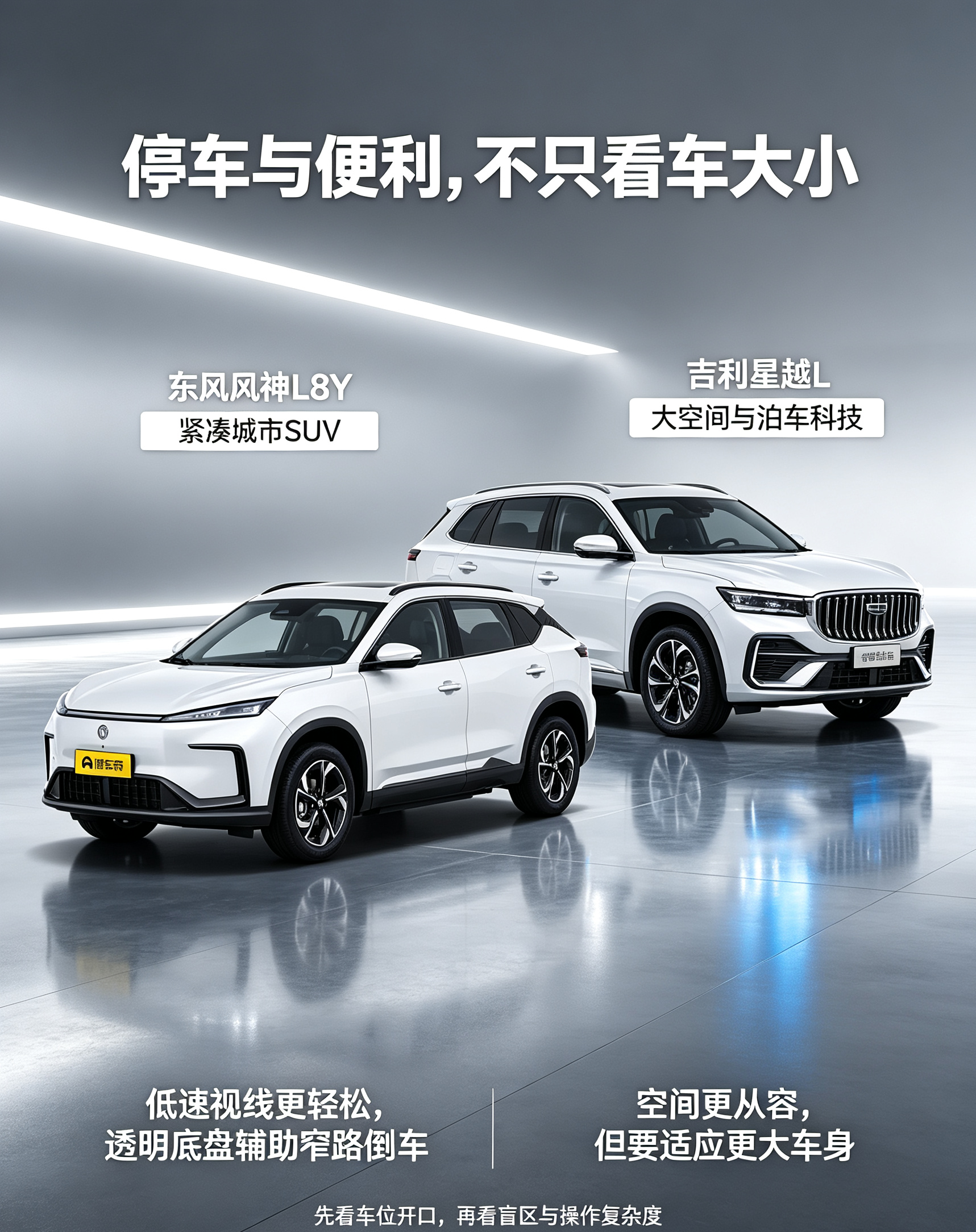东风风神 L8Y 对比吉利星越 L：停车便利，不只看车大小
很多人选 SUV 时会默认 “车小更好停，车大不方便”，但真实日常用车，停车便利性并不只由车身长度决定。低速视线、盲区辅助、车位开口宽度、上下车空间和停车操作逻辑，都会影响每天的体验。东风风神 L8Y 和吉利星越 L，代表了两种不同的城市