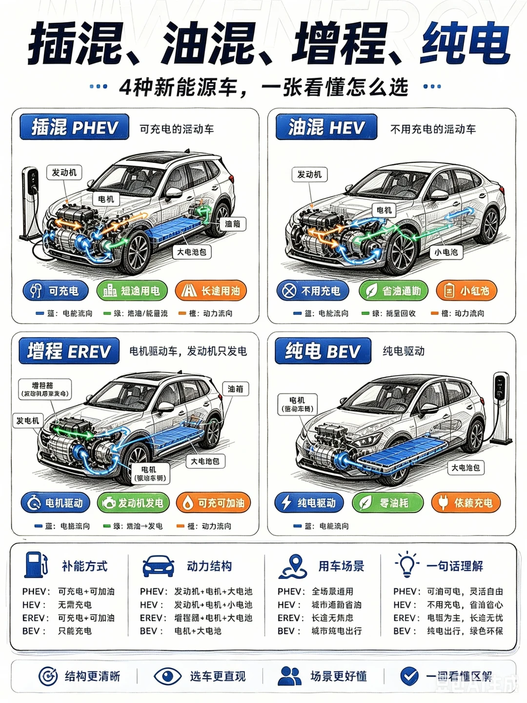 一文分清｜纯电/增程/插混/油混怎么选❌
