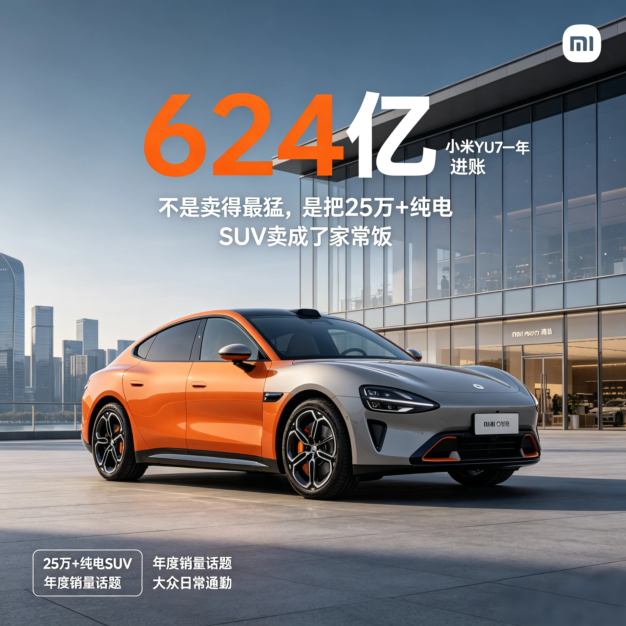 小米YU7一年“进账”624亿：不是卖得最猛，是把25万+纯电SUV卖成了家常饭

别的车企还在算“月销过万没”，小米YU7已经把一年账单拍桌上：2025年6月上市到2026年5月，累计零售24.43万辆，单车均价超26万，测算销售额624亿元——平摊下来，这台车每天帮小米进账约1.7亿。

这个数