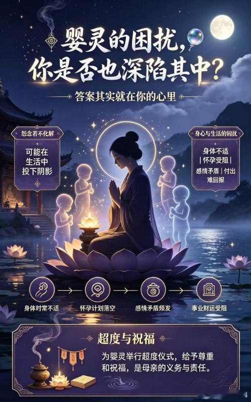 婴灵的困扰，你是否也深陷其中？🔮这个问题，答案其实就在你的心里。婴灵，那些未能顺利来到这个世界的孩子，他们的存在本身就是一个无法回避的现实。他们的怨念，如果不加以化解，可能会在你的生活中投下阴影。他们的存在，可能让你身体时常感到不适，怀孕的计划一再落空；你们的感情生活也可能受到影响，矛盾频发；事业和财运，明明付出很多，却总是得不到应有的回报。所以，为婴灵举行超度仪式，让他们得到应有的尊重和祝福，这是你作为母亲的义务和责任。只有这样，你的生活才能真正恢复平静，气场重新回到清净的状态。所以，别再犹豫了，为你的婴灵找一个合适的超度方式吧，这也是对他们最基本的尊重
