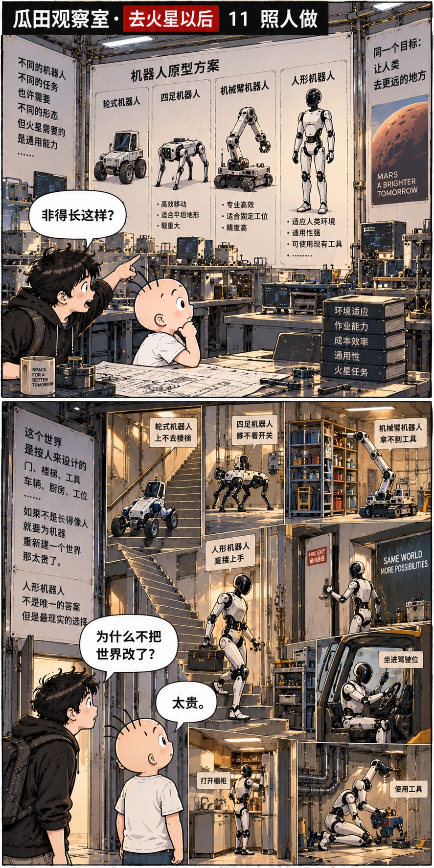 颠覆性创新系列
人形是不是多此一举？轮子更快，机械臂更专业，专用机器人效率更高，为什么非要两条腿两只手？
这个世界本来就是按人的身体造出来的。
门把手、楼梯、梯子、方向盘、工具、货架、工位、插座、消防门、厨房、厕所、维修口、车辆驾驶舱……全是围绕人的身高、手臂、手指、步态设计的。你当然可以为了机器人