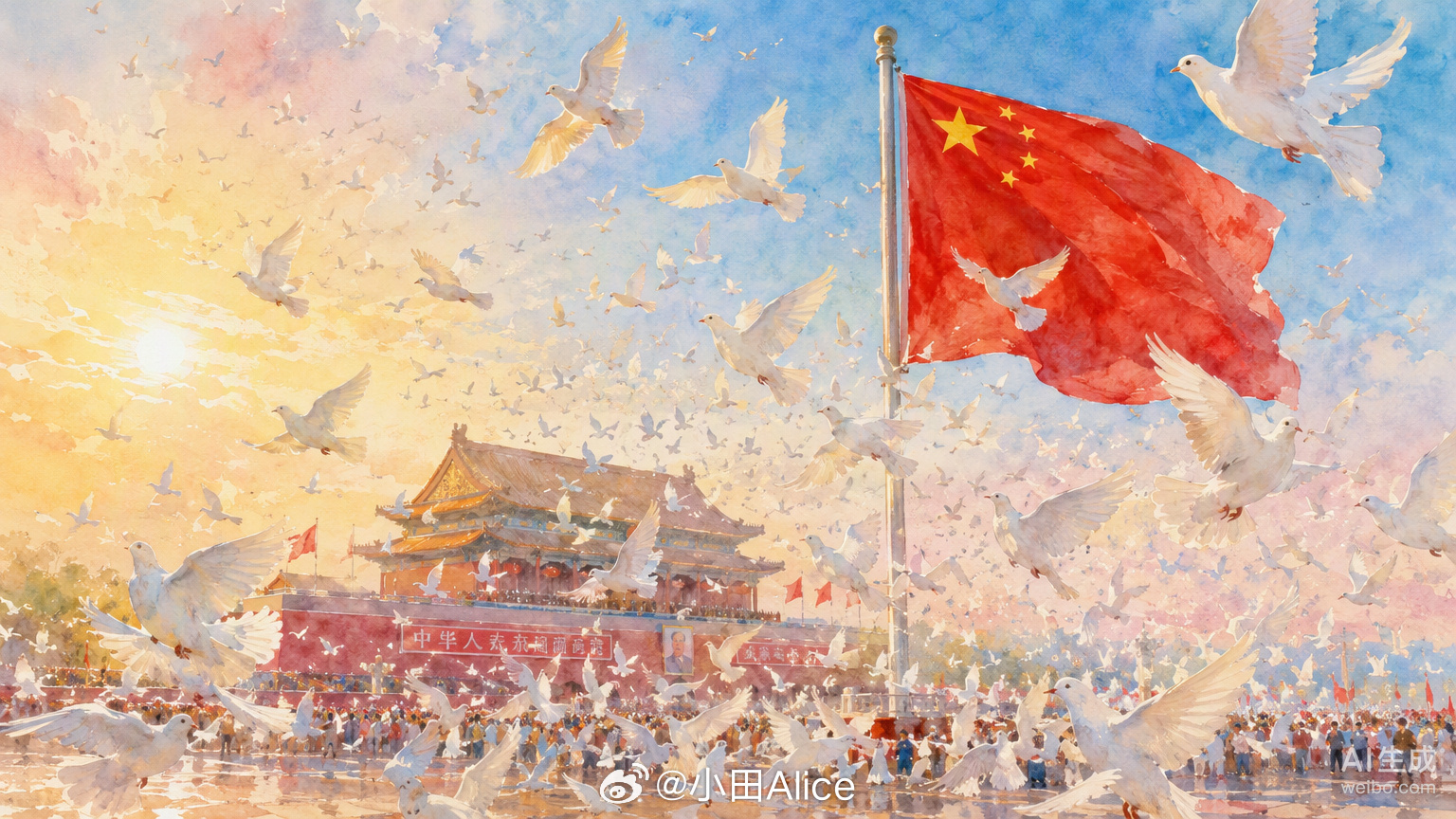 今早天安门广场那幕太震撼了。一万多只和平鸽腾空而起，在晨光里和五星红旗同框，那种画面真的让人眼眶发热。

《歌唱祖国》的旋律响起来的时候，现场所有人都在跟着唱。鸽子翅膀扑棱的声音混着欢呼声，把国庆的气氛推到了顶点。这种仪式感不是刻意营造的，是几十年传承下来的家国记忆在这一刻自然流露 ​