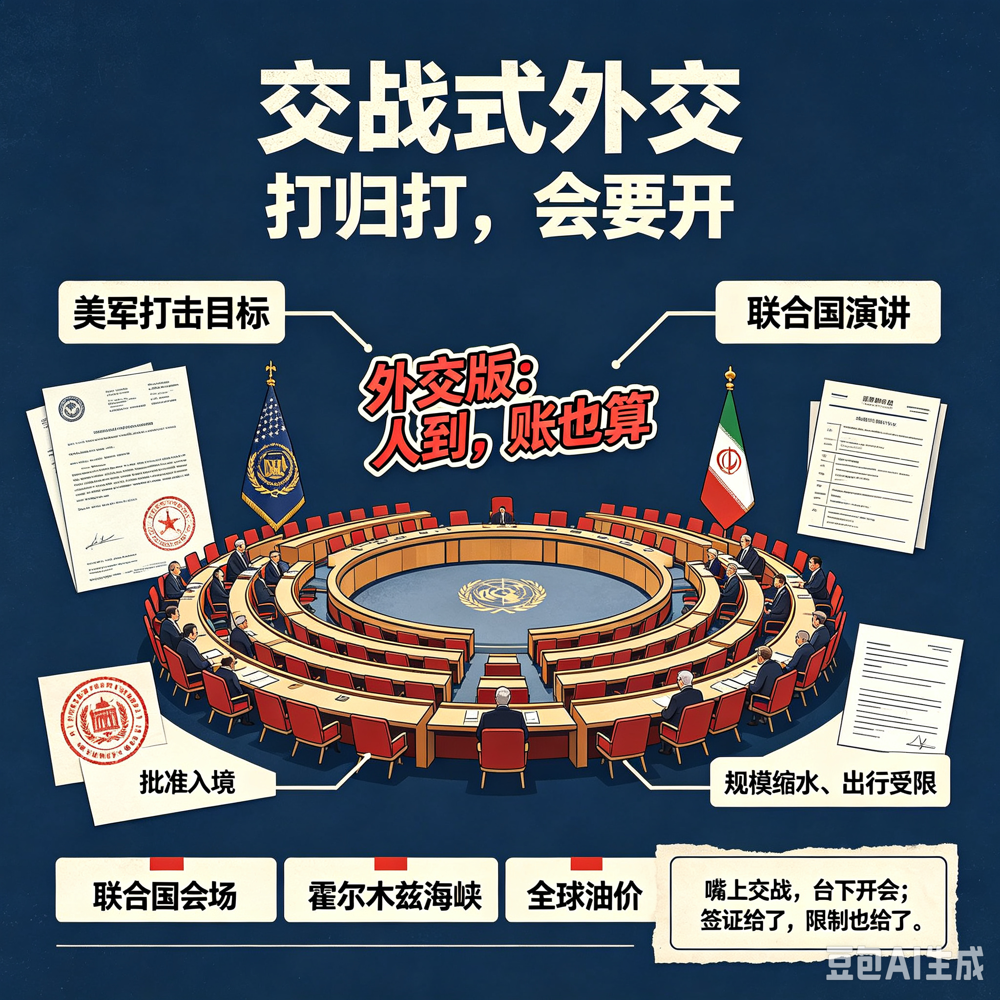 美伊上演“交战式外交”？联合国成最硬核“跨界现场”
 
这波操作堪称2026年最离谱的外交名场面！一边是特朗普放话“要不要直接把伊朗政权消灭掉”，另一边美国国务院却悄悄给伊朗高层开了签证绿灯——哪怕两国还处于交战状态，伊朗代表团照样能去纽约参加第81届联合国大会。
 
这剧情比谍战片还刺激：前脚美军