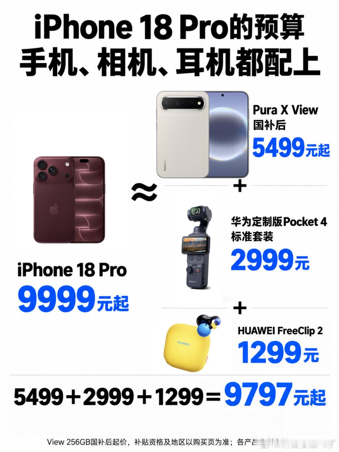#定焦数码曝华为阔家族销量# iPhone18 Pro九千九百九十九起步，换成华为，可以拿下阔直板，Pocket4和FreeClip2耳机。#华为阔家族出货量超400W# ​