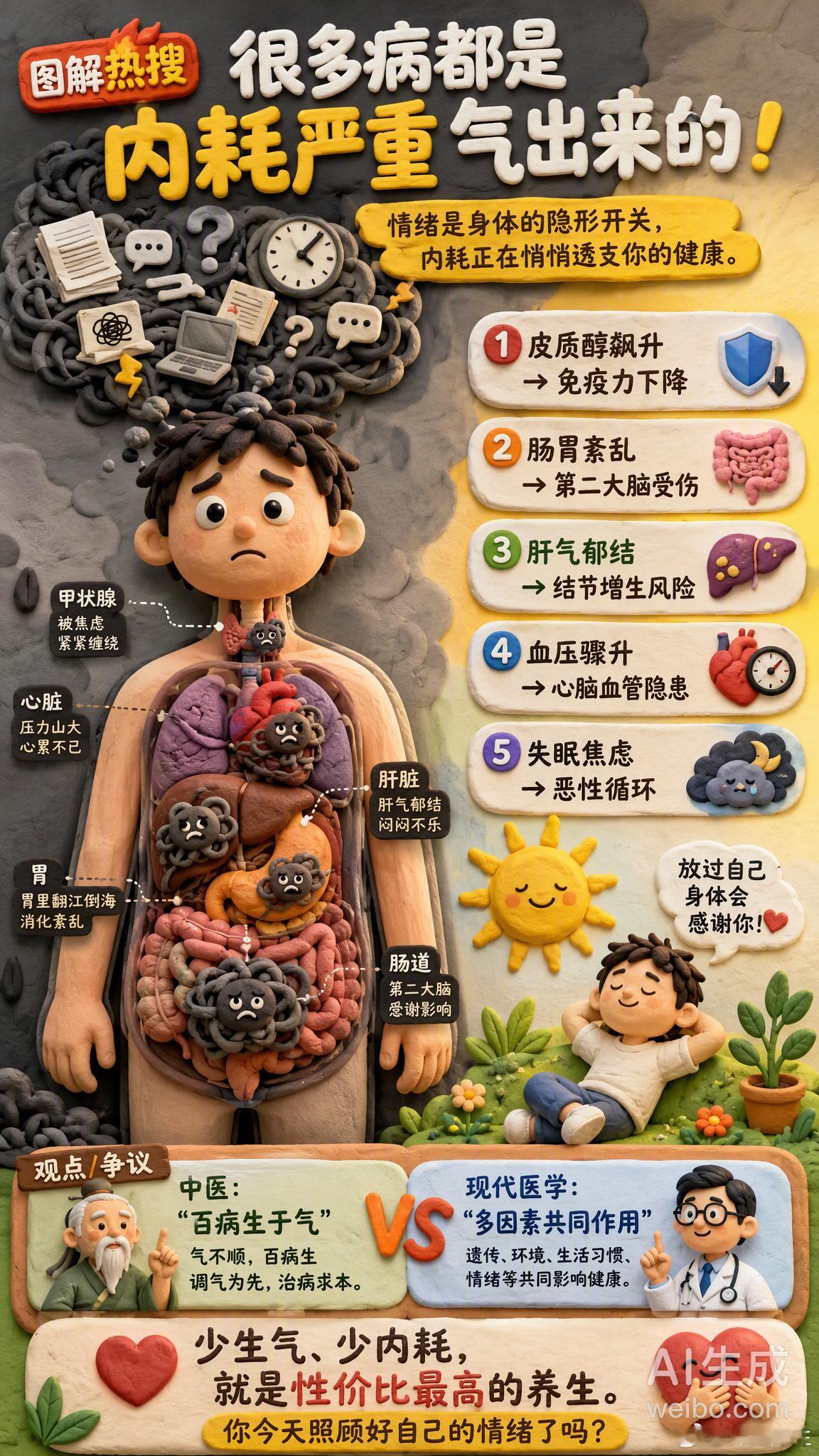 很多病都是内耗严重气出来的 这个话题又上热搜了，说实话，看完挺扎心的。现代人最累的不是干活，是精神内耗。白天为工作揪心，晚上为琐事辗转，脑子里像堆着没拆的快递，件件都挂心。表面上风平浪静，其实五脏六腑早就在“替”你扛事了。几个值得注意的点：· 长期焦虑生气，皮质醇持续偏高，免疫力真的会断崖式下降· 肠胃是“第二大脑”，情绪郁结最先伤的是消化，胃胀反酸可能不是吃的问题· 肝气郁结久了，结节、增生容易找上门，尤其女性更要注意· 心脑血管也怕“气”，情绪激动时血压骤升，突发风险不可忽视中医讲“百病生于气”，现代医学也证实情绪和疾病之间确有复杂关联。但话说回来，情绪不是唯一因素，遗传、环境、生活方式同样重要。偶尔情绪波动很正常，不必过度焦虑。真正该警惕的是——长期处于内耗却浑然不觉。总纠结别人的看法、焦虑未知的未来、反复咀嚼过去的遗憾……这些“想太多”，身体都一笔笔记着账。养生最高级的方式，或许不是吃补品泡花茶，而是少生气、少内耗、放过自己。你今天，有在好好照顾自己的情绪吗？情感热点创作激...