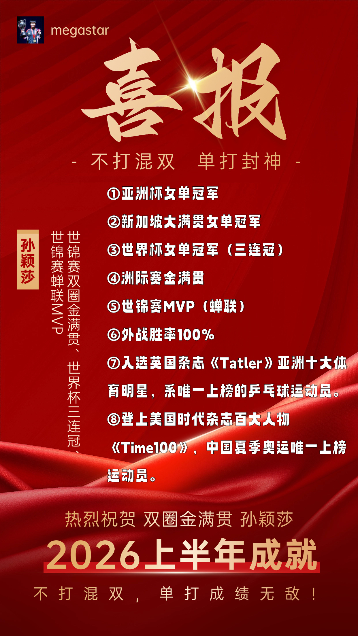 没有混双拖累，孙颖莎单打无敌！