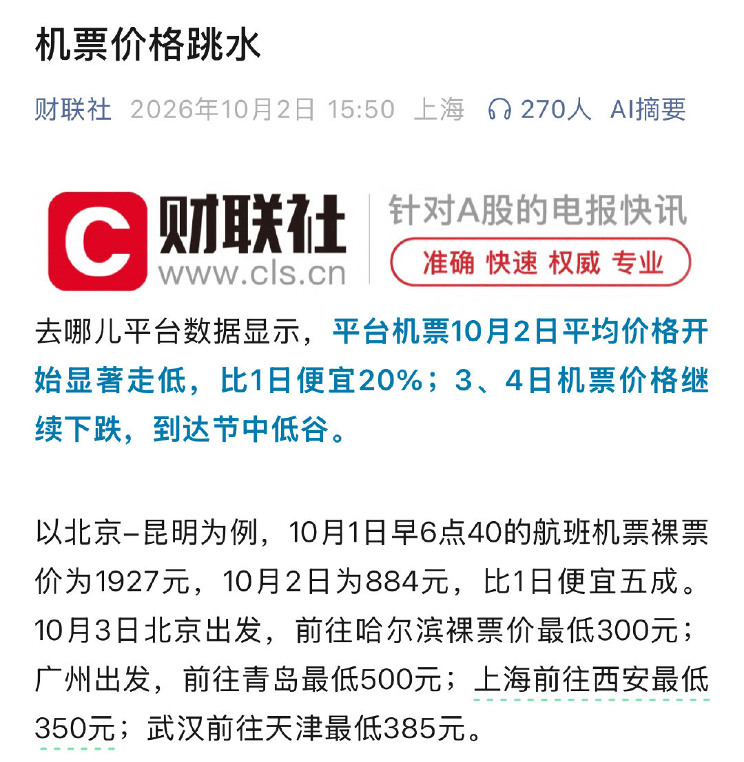 《论衰退期现金的重要性》

国庆机票跳水了

今天，港股亏，机票亏[泪奔] ​