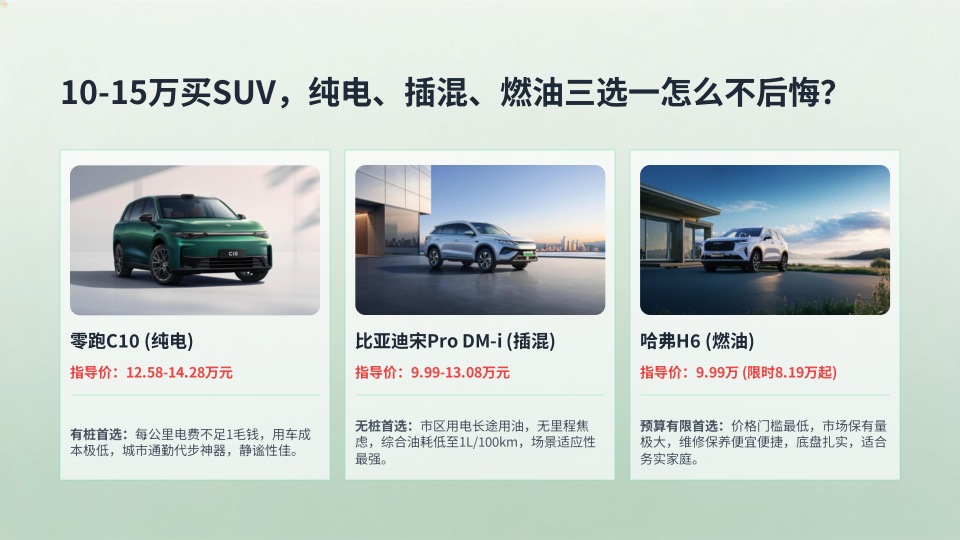 10-15万买SUV，纯电、插混、燃油三选一怎么不后悔？
纯电：零跑C10（12.58-14.28万元）| 插混：比亚迪宋Pro DM-i（9.99-13.08万元）| 燃油：哈弗H6（指导价9.99万元，限时8.19万元起）
10-15万买SUV，纯电、插混、燃油三条路线摆在面前。选哪个才不会后悔