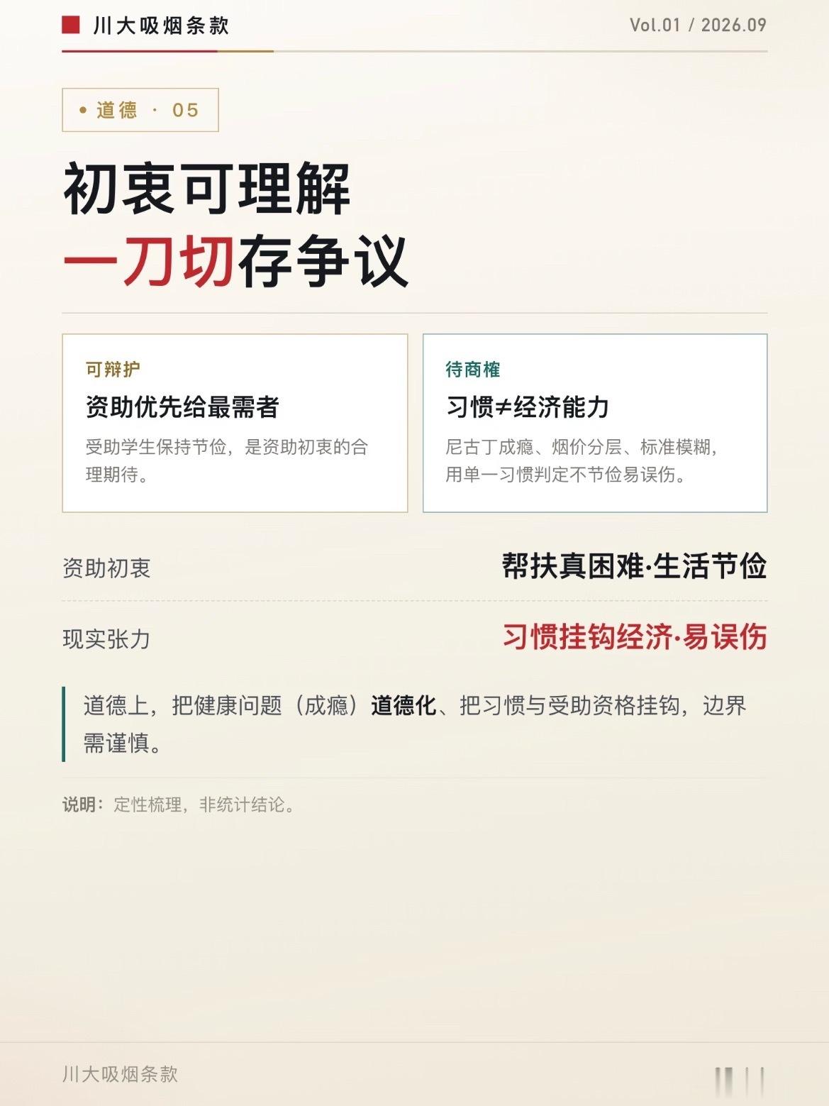 #川大吸烟取消资助规定已沿用十年#
四川大学2026‑2027学年学费减免通知冲上热搜，其中“有吸烟等消费型不良嗜好者取消学费减免资格”引发大量讨论。
很多人以为是刚出台的新规，其实这条条款早在2016年的实施办法里就已经写明，持续执行至今，并不是今年新增的要求。
学费减免面向家庭经济特别困难、 ​