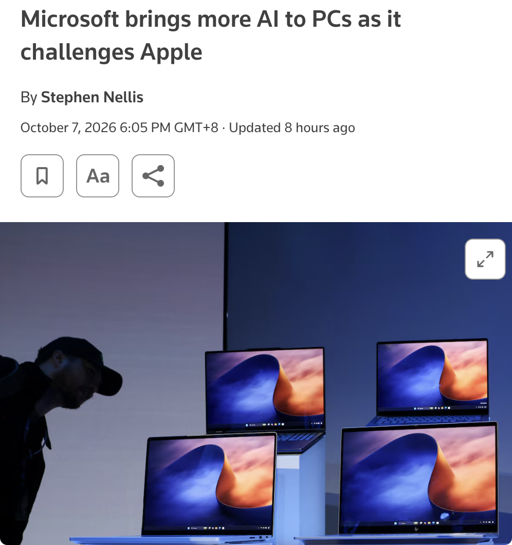 外媒：微软于10月7日在旧金山发布搭载英伟达RTX Spark芯片的Surface Laptop Ultra高端笔记本，起售价2599美元，顶配达5899美元，挑战苹果在AI个人设备领域的布局。

微软推出可在本地运行的AI编程模型及Microsoft Execution Containers安全工