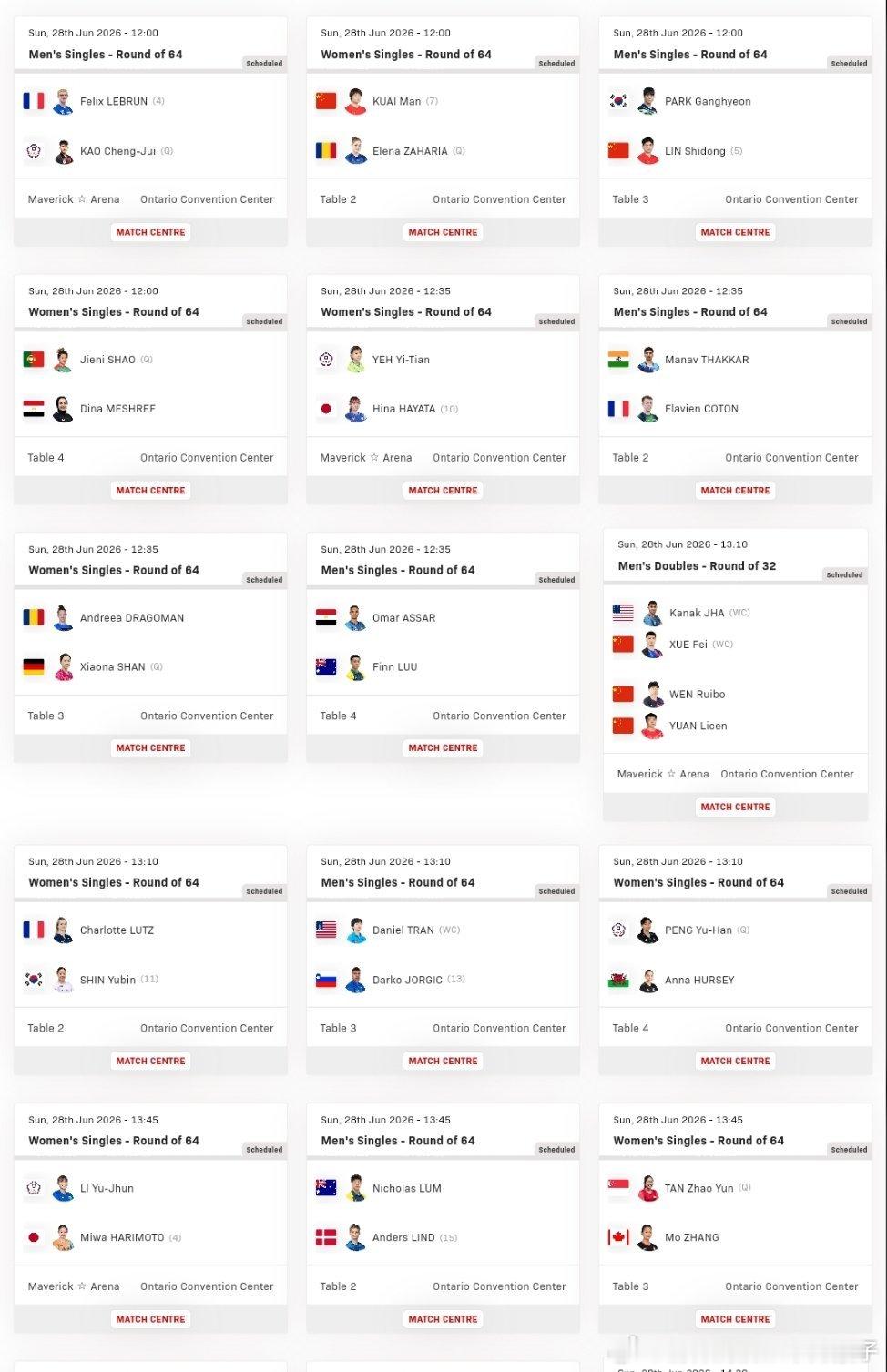2026WTT美国大满贯第一比赛日赛程：6月29日03:00 女单 T...