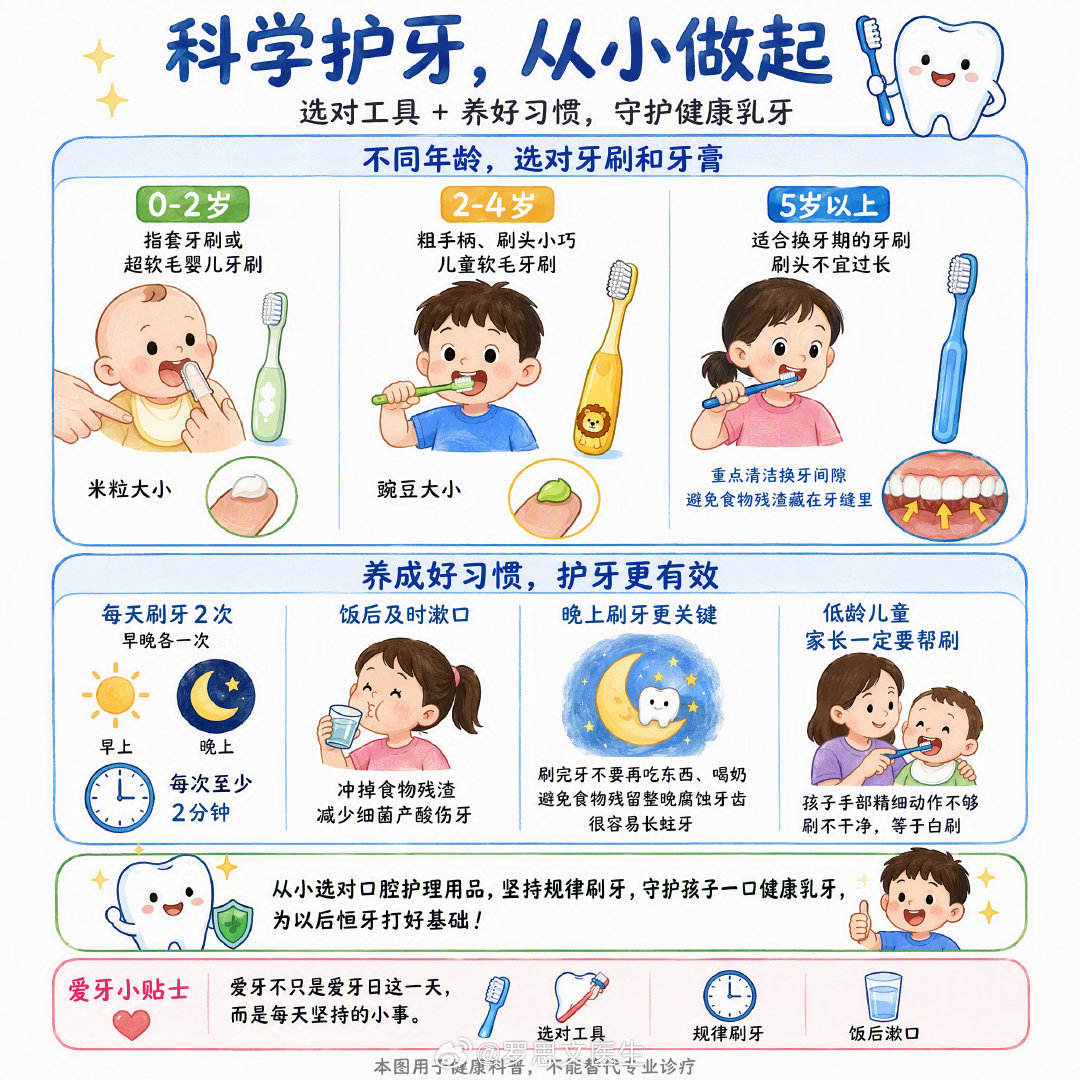 #白岩松谈儿童蛀牙危害#  #全国爱牙日#很多家长以为，小朋友随便拿一把小牙刷就能刷牙，其实不对。孩子不同年纪，口腔大小不一样，小手抓握能力也不一样，牙刷、牙膏都要跟着年龄换。

婴幼儿阶段，嘴巴很小，手部还不会自主抓东西，优先选指套牙刷或者超软毛的婴儿牙刷，牙膏只用米粒大小；

等孩子到 2-4 岁，小手慢慢会抓握，可以选粗手柄、刷头小巧的儿童软毛牙刷，牙膏换成豌豆大小；

到了 5 岁以上，手部发育更好，可以选适合换牙期的牙刷，刷头不要太长，重点清洁换牙间隙，避免食物残渣藏在牙缝里。

光选对工具还不够，习惯才是护牙的核心。

记住基础护牙准则：每天刷牙 2 次，早晚各一次，每次至少两分钟，饭后及时漱口。

早上刷牙，清理一夜口腔滋生的细菌；晚上这一次更关键，刷完牙不要再吃东西、喝奶，不然食物残留整晚腐蚀牙齿，很容易长蛀牙。饭后漱口，能冲掉大部分留在牙面的食物残渣，减少细菌产酸伤牙。

这里提醒一句：低龄小朋友，家长一定要帮刷！别早早放手让孩子自己刷，孩子手部精细动作不够，刷不...