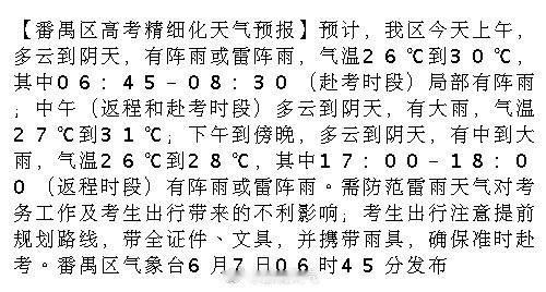 【番禺区高考精细化天气预报】预计，我区今天上午，多云到阴天，有阵雨或雷...
