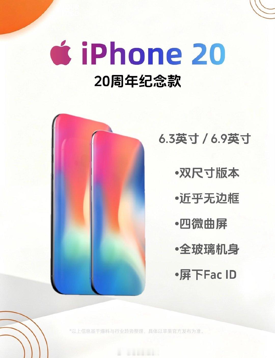 iPhone 20的爆料出来了：屏下Face ID、无刘海、四微曲屏、A21 Pro，说是20周年纪念款，定位高于常规迭代。说实话每一条都戳我，但一想又要等一年半，又觉得我的16还能再战。说真的，这张16才用多久，钱包还没缓过来，它倒好，画饼都画到后年了。我先按兵不动，立帖为证，明年这时候看我打不打脸。 ​