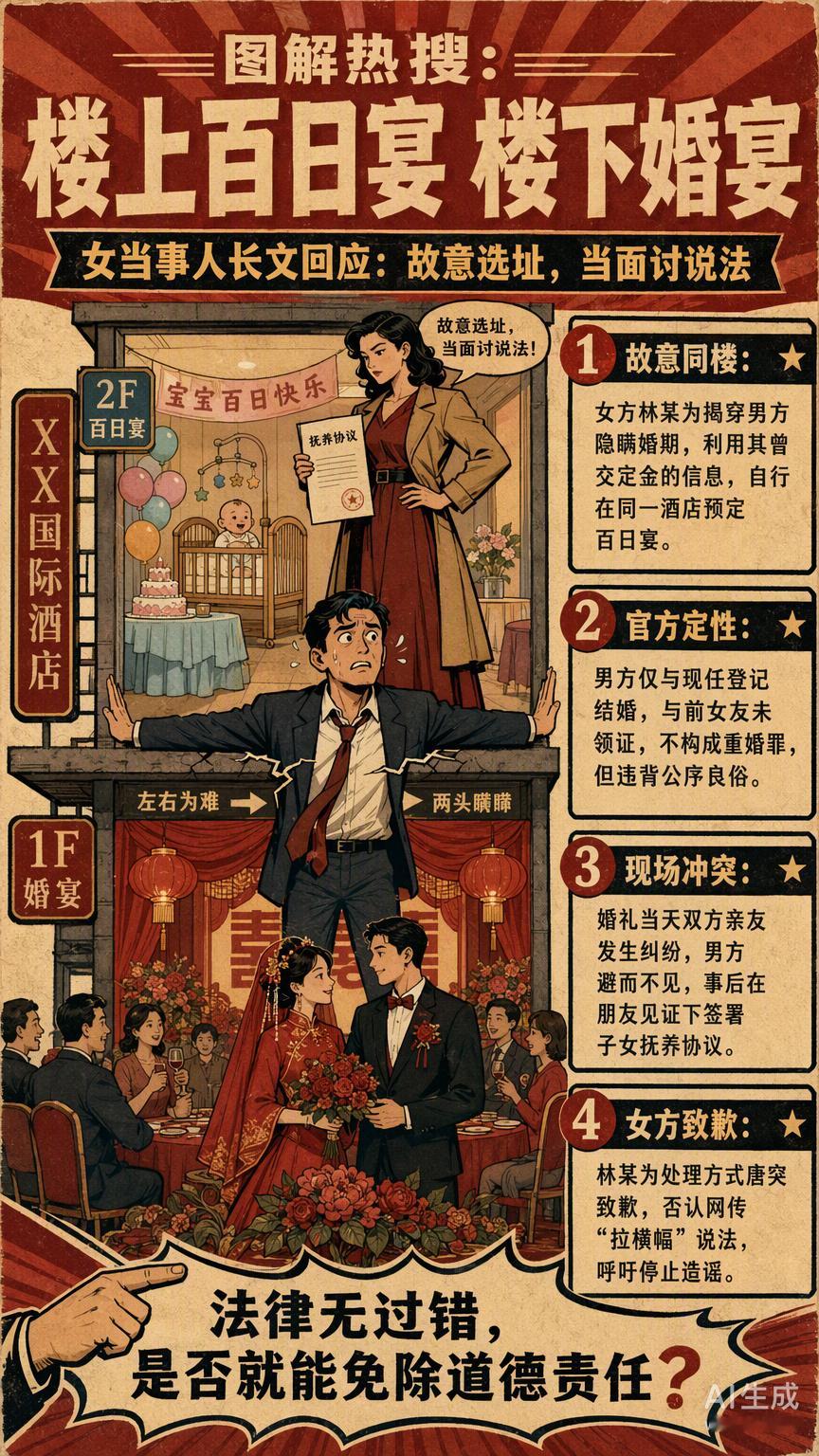 当我们在讨论“楼上百日宴楼下婚宴女当事人长文回应”时，本质上是在谈论一种被法律底线异化的情感清算。很多人觉得这是女方蓄意闹事的极端报复，但我看到的是社会契约在男性长期欺瞒面前的全面失守。

这种操作看似是同场竞技的荒诞闹剧，实则是把本该由坦诚沟通承担的知情责任，转嫁成了对物理空间的 ​