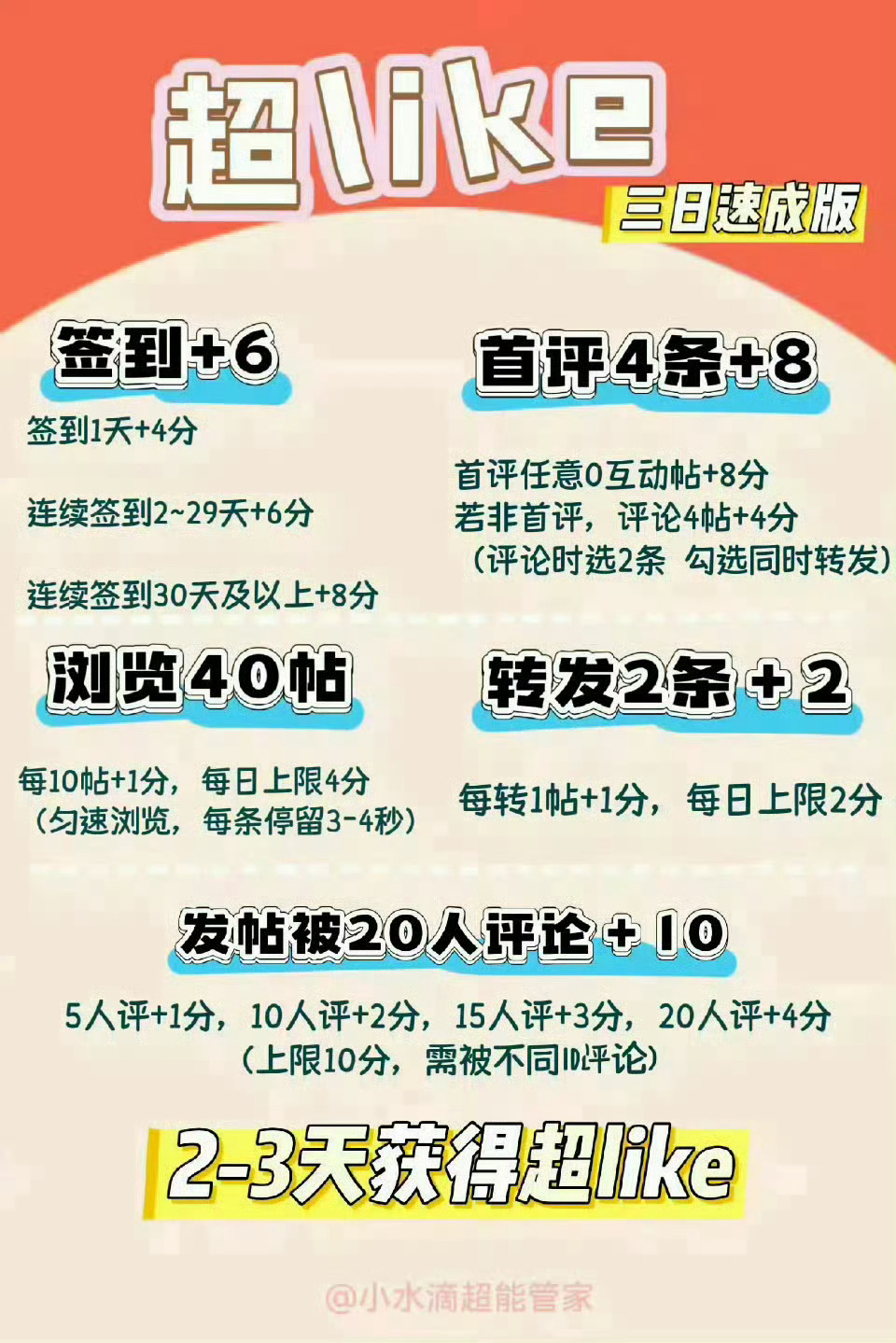 #宋祖儿[超话]#    🦢#宋祖儿吴蒖蒖# 
📢 ²/₁₀每日任务总结：

【①超like直通班】检查有无超like💗
like三日速成见 图1 ，可进裙快速达到～
管家＆有关超like群见👇🏻
🔔超like裙开门时间『晚11-次日晚6』 一组25个
🔔团建裙开门时间『晚6-晚11』一组7个
 ​