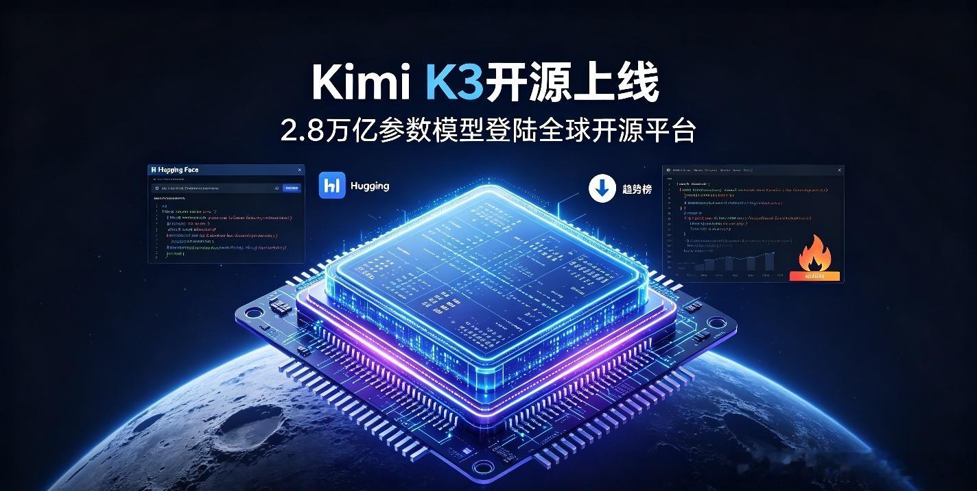 30分钟登顶趋势榜！Kimi K3开源，国产大模型迎来里程碑

月之暗面正式将Kimi K3完整权重上传至Hugging Face平台。这款2.8万亿参数的大模型，上线仅仅三十分钟，便直接冲上平台趋势榜第一位，创下平台模型发布热度增长最快的历史纪录。

作为全球首个2.8万亿参数级开源模型，Kimi K3硬件能力十分亮眼。 ​