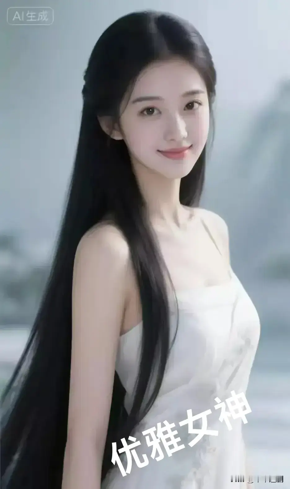 她一袭白裙，长发如瀑，在朦胧景致中，将纯净与优雅，晕染成一首温柔的诗。
